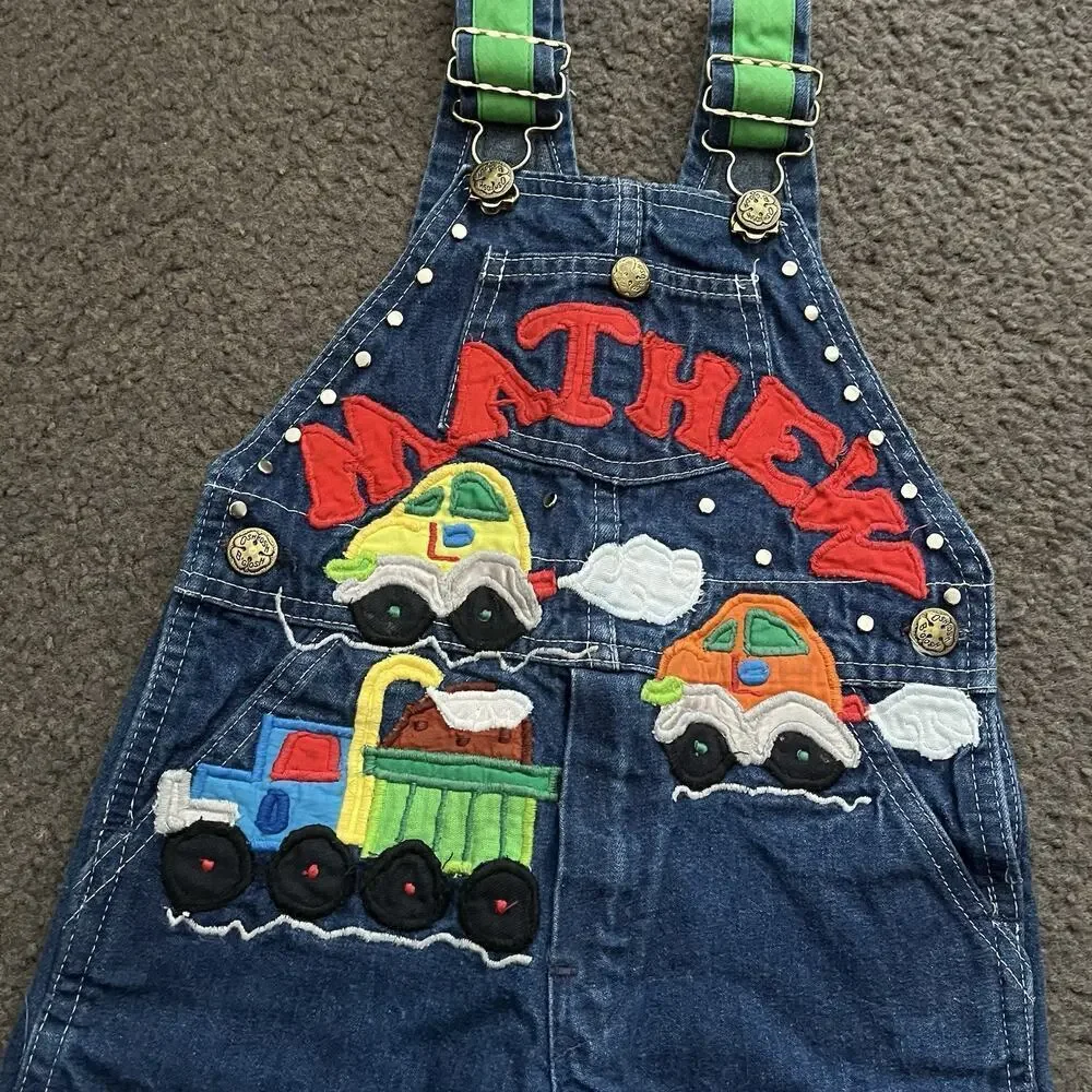 Vintage OshKosh B’Gosh Embroidered “Mathew” & Cars Overalls